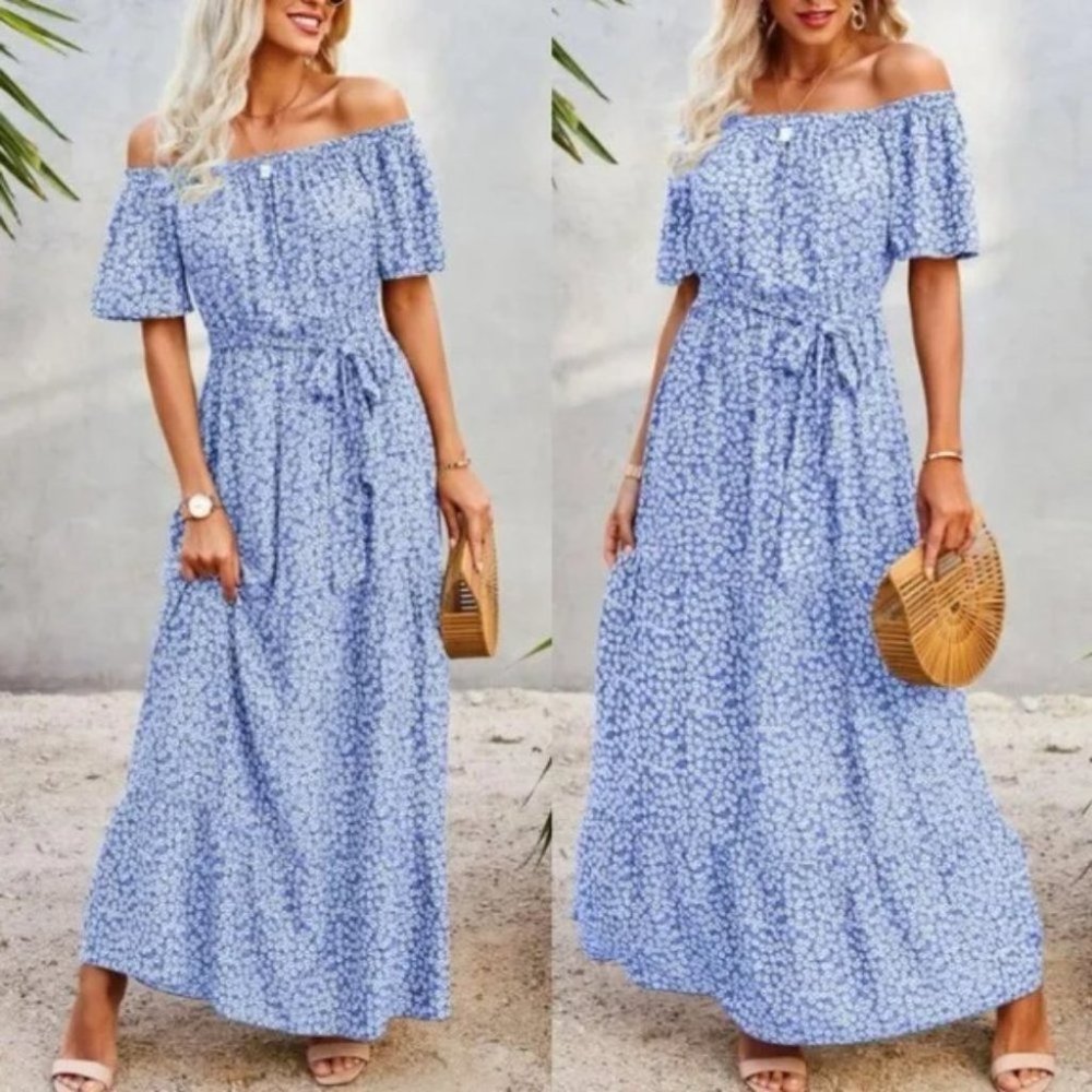 Floral off shoulder ruffle maxi dress BLUE - Picture 4 of 7